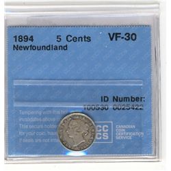 Newfoundland 5 Cents 1894, CCCS VF-30.