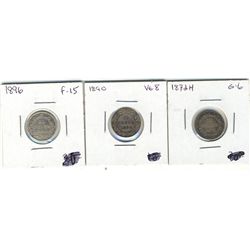Newfoundland 10 Cents 1872H G-6, 1890 VG-8 & 1896 F-15. Lot of 3 coins.