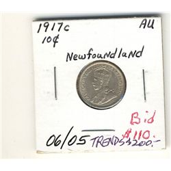 Newfoundland 10 Cents 1917C, AU.