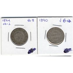 Newfoundland 20 Cents 1890 VG-10 & 1894 VG-8 Obverse 2. Lot of 2 coins.