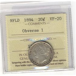 Newfoundland 20 Cents 1894, ICCS VF-20 Obverse 1.