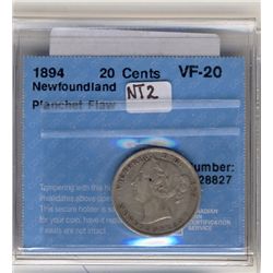 Newfoundland 20 Cents 1894, CCCS VF-20; Planchet Flaw, NT2.