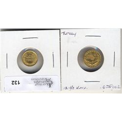 Mexico 1920 Gold Dos Pesos; ,0482 oz AGW and Turkey Gold 12-1/2 Kurush; ,0259 oz AGW.