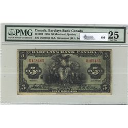 1935 Barclay Bank of Canada; 5 Dollars, PMG VF-25, Charlton CH-30-12-02, D108465.