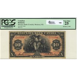 1935 Barclays Bank of Canada; 10 Dollars, PCGS VF25, E118980.