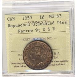 Cent 1859, ICCS MS-63; Red, Nar 9 repunched 8, rotated dies.