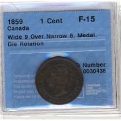 Cent 1859, CCCS F-15; Wide 9 Over Narrow 8, Medal, Die Rotation.