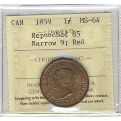 Cent 1859, ICCS MS64; Red, Nar 9 repunched 85.