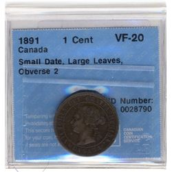Cent 1891, CCCS VF-20 Obverse 2; SD LL