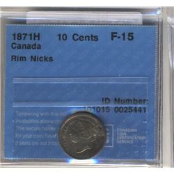 10 Cents 1871H, CCCS F15; Rim nicks.