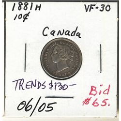 10 Cents 1881H VF+.