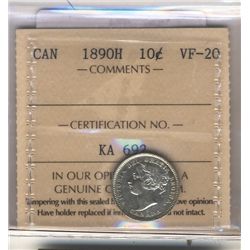 10 Cents 1890H, ICCS VF-20.