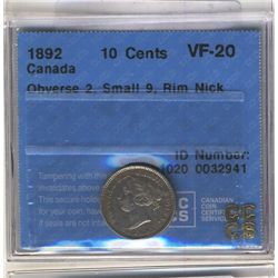 10 Cents 1892 CCCS Obv 2, Small 9, Nick CCCS VF20.  Should read Obv 5.