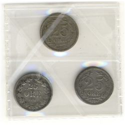 Sweden; 25 Ore 1876 ST F-12, 1880 EB VF-20 and 1898 EB VF-30. Lot of 3 coins.