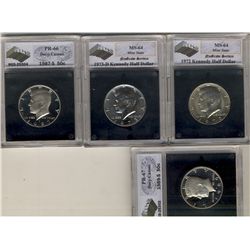 United States 50 Cents  1972, 1973D NGS MS-64, 1987S NGS PR-66 Deep Cameo & 1989S NGS PR-67 Deep Cam