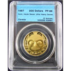 RCM Lot; 1997 200 Dollars Gold Haida Raven UHC, CCCS PF-68 in hard Casing. 0,5 oz AGW.
