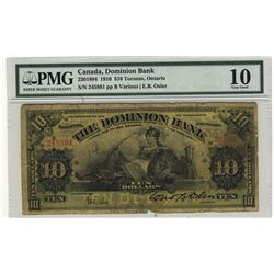 The Dominion Bank of Canada 1910 10 Dollars #245891 CH-220-18-04 PMG VG10.
