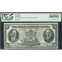 The Royal Bank of Canada 1927 5 Dollars #2575250 CH-630-14-08 PCGS CH AU58PPQ.