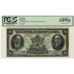 The Royal Bank of Canada 1927 20 Dollars #489093 CH-630-14-12 PCGS VF25PPQ.