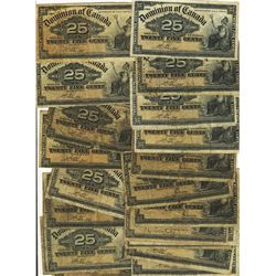 1900 Dominion of Canada;  25 Cents DC-15a(5), DC-15b(16) & DC-15c(3).  24 notes Good to Fine.
