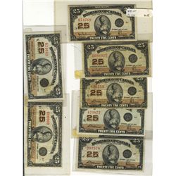 1923 Dominion of Canada; 25 Cents DC-24a(1), DC-24b(1), DC-24c(3) & DC-24d(2).  7 notes Fine to VF+.