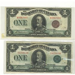 1923 Dominion of Canada; 1 Dollar DC-25a #B3967865 & DC-25j #C4754116.  Lot of 2 notes VF.