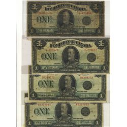 1923 Dominion of Canada; 1 Dollar DC-25a, DC-25f, DC-25, DC-25n & DC-250(Ltr E).  Lot of 4 Black Sea