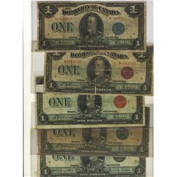 1923 Dominion of Canada; 1 Dollar DC-25c, DC-25e, DC-25g, DC-25j & DC-25n.  Lot of 5 notes all diffe