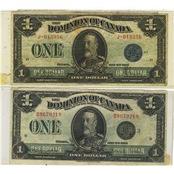 1923 Domion of Canada; 1 Dollar DC-25c #J013356 & DC-25n #D9679218.  Lot of 2 notes F to VF.