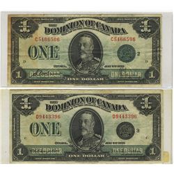 1923 Domion of Canada; 1 Dollar DC-25j #C5466506 & DC-25n #D9443396.  Lot of 2 notes VF.