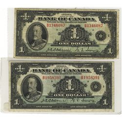 1935 Bank of Canada; 1 Dollar BC-1b.  Lot of 2 notes VG to VF.