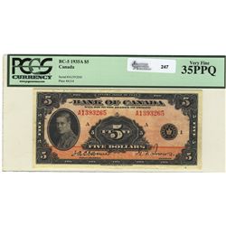 1935 Bank of Canada; 5 Dollars, PCGS VF-35PPQ, Charlton BC-5, A1393265.