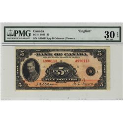 1935 Bank of Canada 5 Dollars BC-5 #A996113 PMG VF30EPQ.
