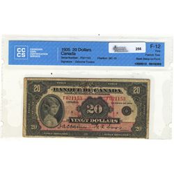 1935 Bank of Canada; 20 Dollars, Charlton BC-10, CCCS F-12 with tear and Bank stamp, F021153.