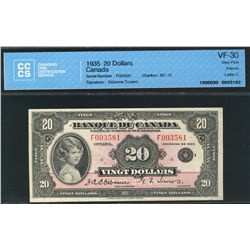 1935 Bank of Canada; 20 Dollars BC-10 #F003581, CCCS VF30.  Bright and attractive banknote.