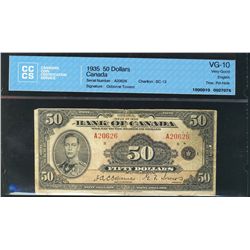 1935 Bank of Canada; 50 Dollars, CCCS VG-10 Charlton BC-13, A20626 Margin tear (2mm), Pin Hole.
