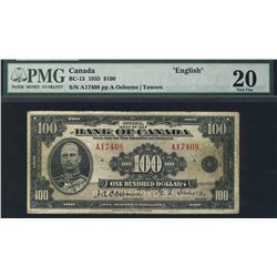 1935 Bank of Canada; 100 Dollars, Charlton BC-15, PMG VF-20, A17408.