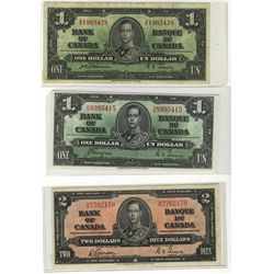 1937 Bank of Canada; 1 Dollar BC-21a, BC-21d & 2 Dollars BC-22b.  Lot of 3 ntes VF to EF+.