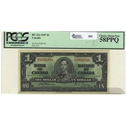 1937 Bank of Canada; 1 Dollar, PCGS CH AU-58PPQ, Charlton BC-21a, CA6088706.