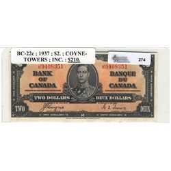 1937 Bank of Canada; 2 Dollars, Charlton BC-22c, UNC, JR9408351.