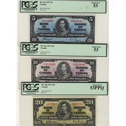 1937 Bank of Canada 5 Dollars BC-23c, 10 Dollars BC-24c & 20 Dollars BC-25b all PCGS AU53. Lot of 3