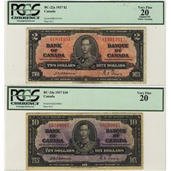 1937 Bank of Canada 10 Dollars BC-24a & 2 Dollars BC-22a PCGS VF20. Lot of 2 notes with the 2 Dollar