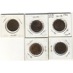 1902 1 Cent; 1910, 1912, 1916 & 1919 UNC.  Lot of 5 coins with lustre.