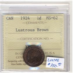1924 1 Cent ICCS MS-62; Lustrous Brown.