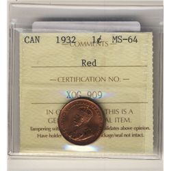 1932 1 Cent ICCS MS64RD. Sharp 95% red issue.