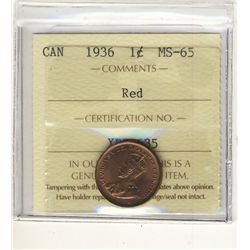 1936 1 Cent ICCS MS65RD. 95% subdued red.