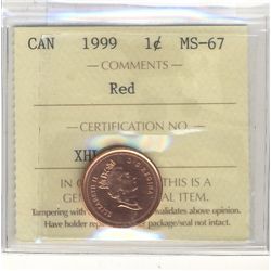 1999 1 Cent ICCS MS-67; Red.