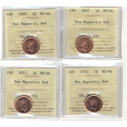 2007, 2009, 2011 and 2012, lot of  four cents, all ICCS MS-66; Red Non Magnetic.