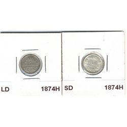 1874H SD AU-55 & 1874H LD VG-8. Lot of 2 coins.