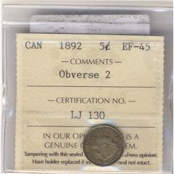 1892 5 Cents ICCS EF-45 Obverse 2.